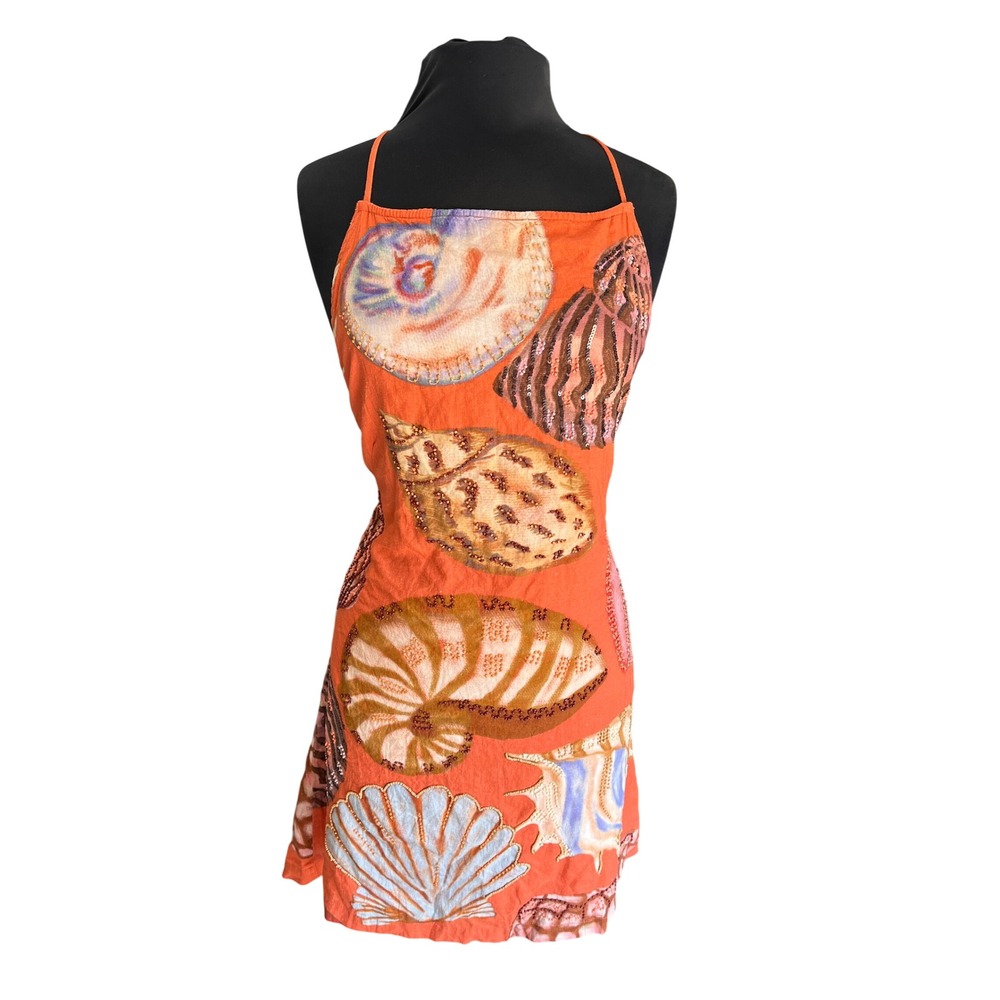 Celandine Orange Seashell Beaded Lace Up Back Mini Dress Large New
